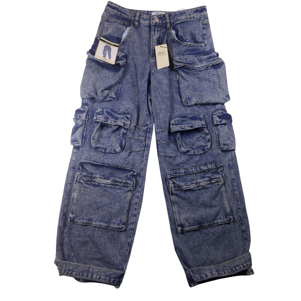 Rise‎ High Rise Wide Multi Cargo Blue Jeans Women's Size 9